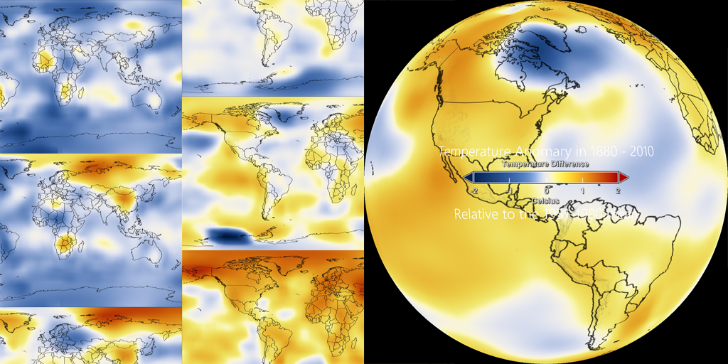 Slideshow of temperature anomaly data on digital globe.
デジタル地球儀上での地球温暖化推移のスライドショー表示